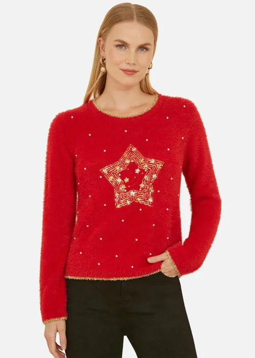 Yumi Red Fluffy Star Christmas Jumper - M Image 1