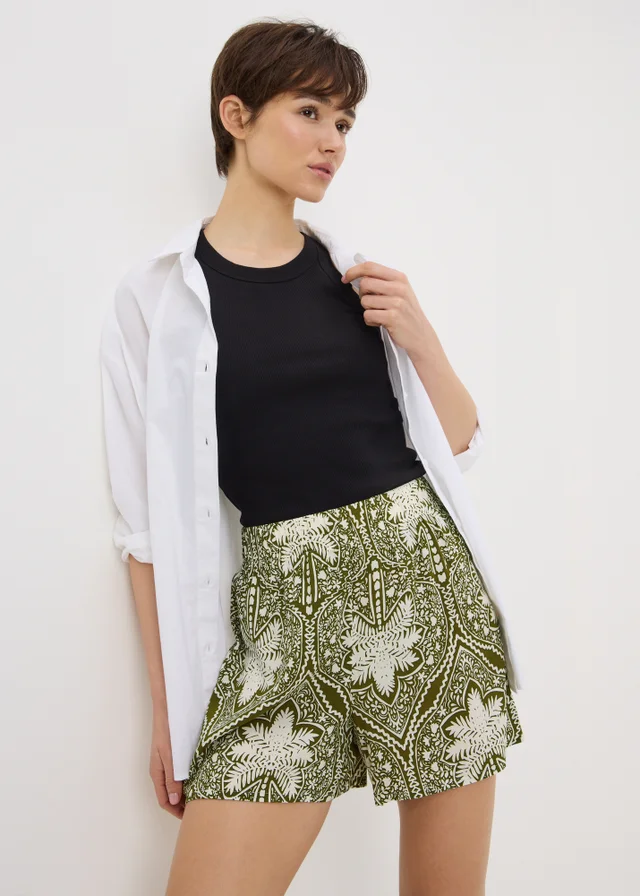 Green Palm Print Viscose Shorts