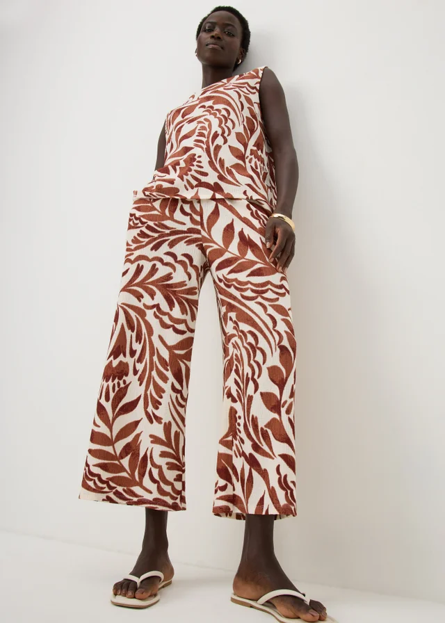 Chocolate Brown Leaf Textured Cropped Co Ord Trousers