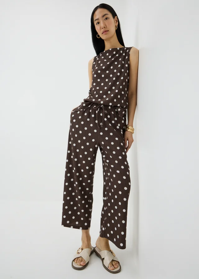 Chocolate Brown Polka Dot Textured Cropped Co Ord Trousers