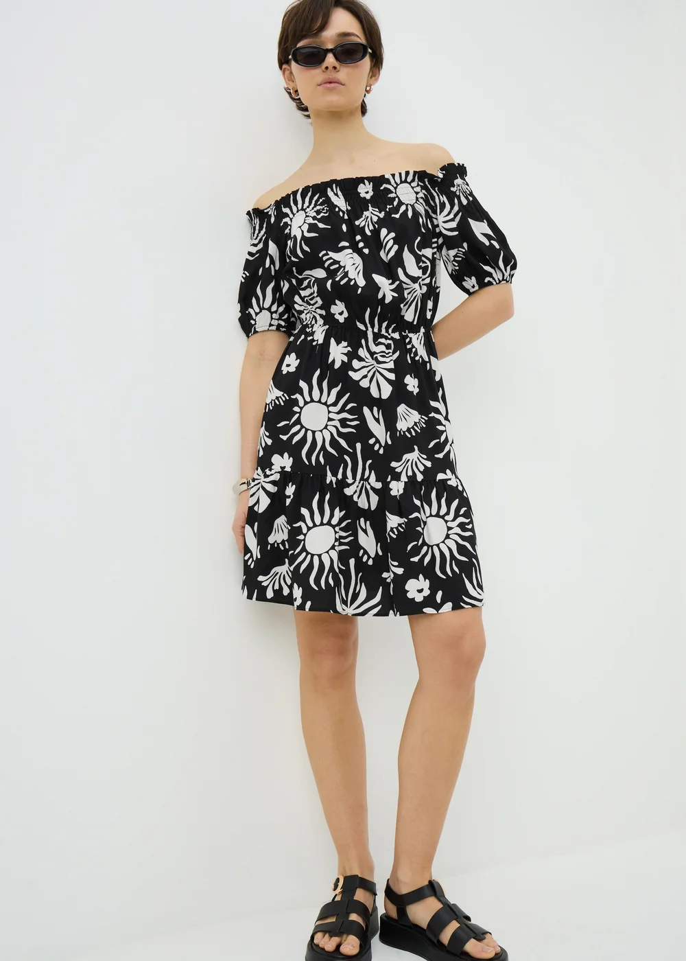 Black Sun Print Bardot Mini Dress - 20 Image 1
