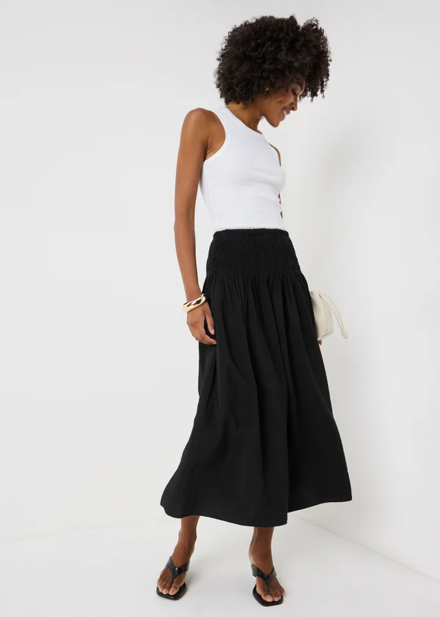 Black Shirred Waist Midaxi Skirt