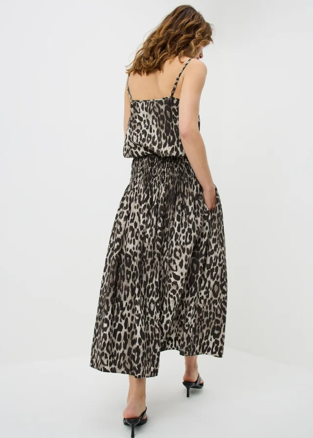 Brown Leopard Print Shirred Co Ord Midaxi Skirt