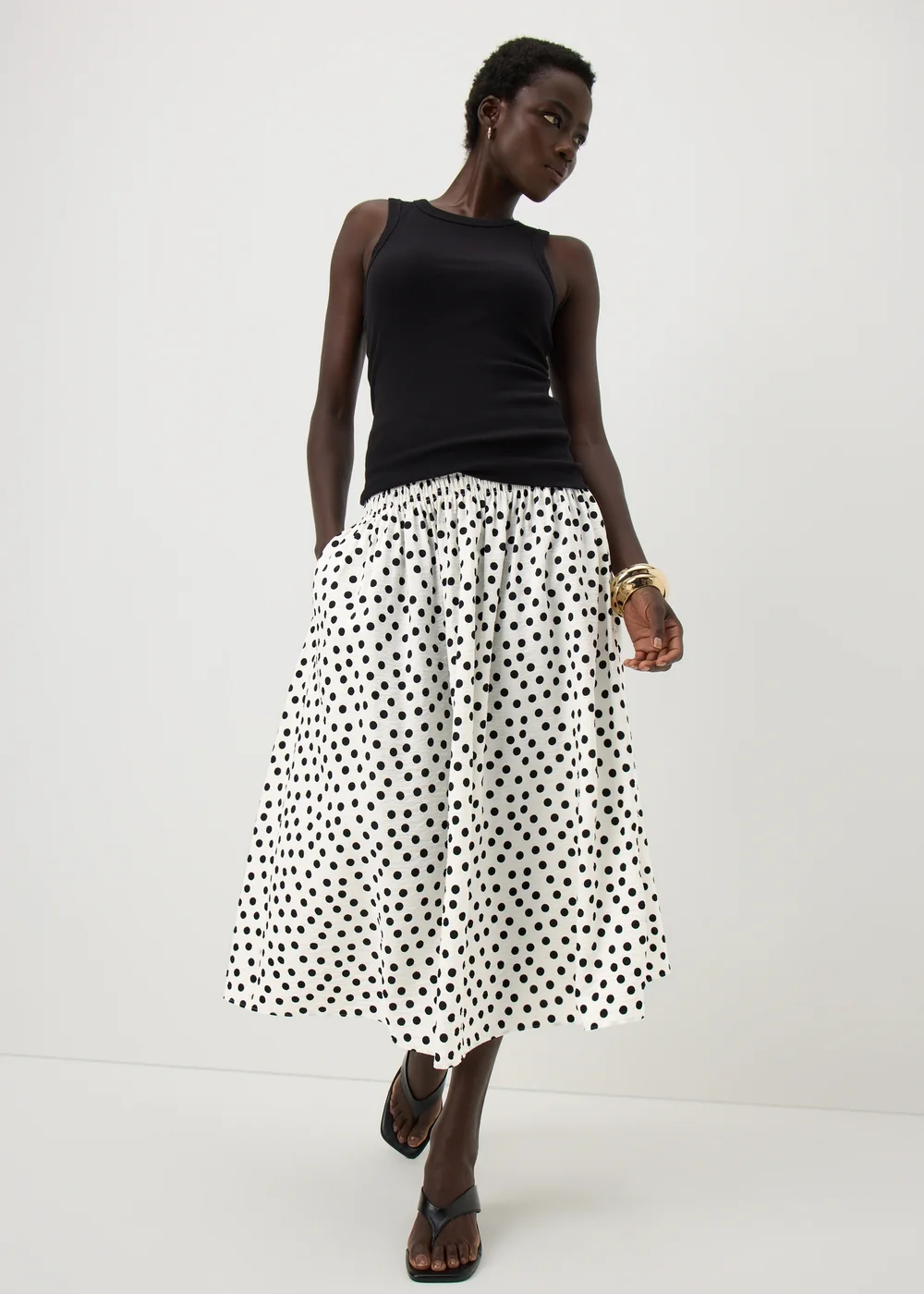 Cream Polka Dot Shirred Waist Midaxi Skirt - 20 Image 1