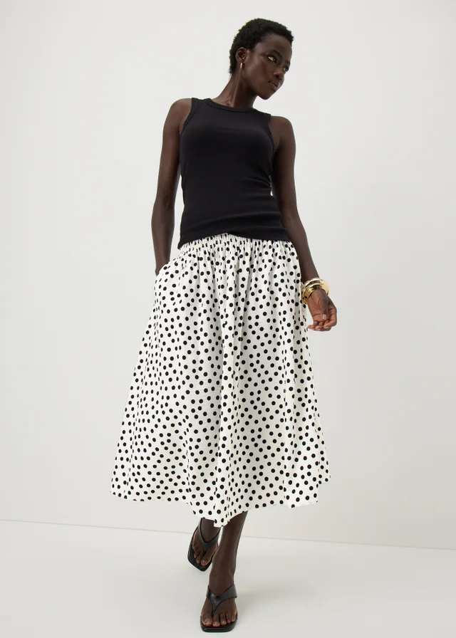 Cream Polka Dot Shirred Waist Midaxi Skirt