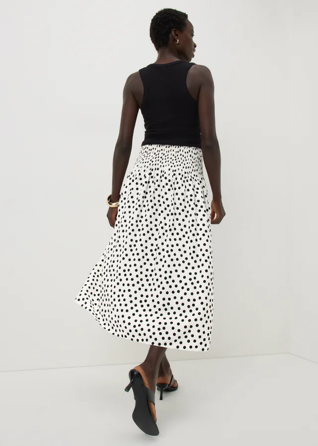 Cream Polka Dot Shirred Waist Midaxi Skirt