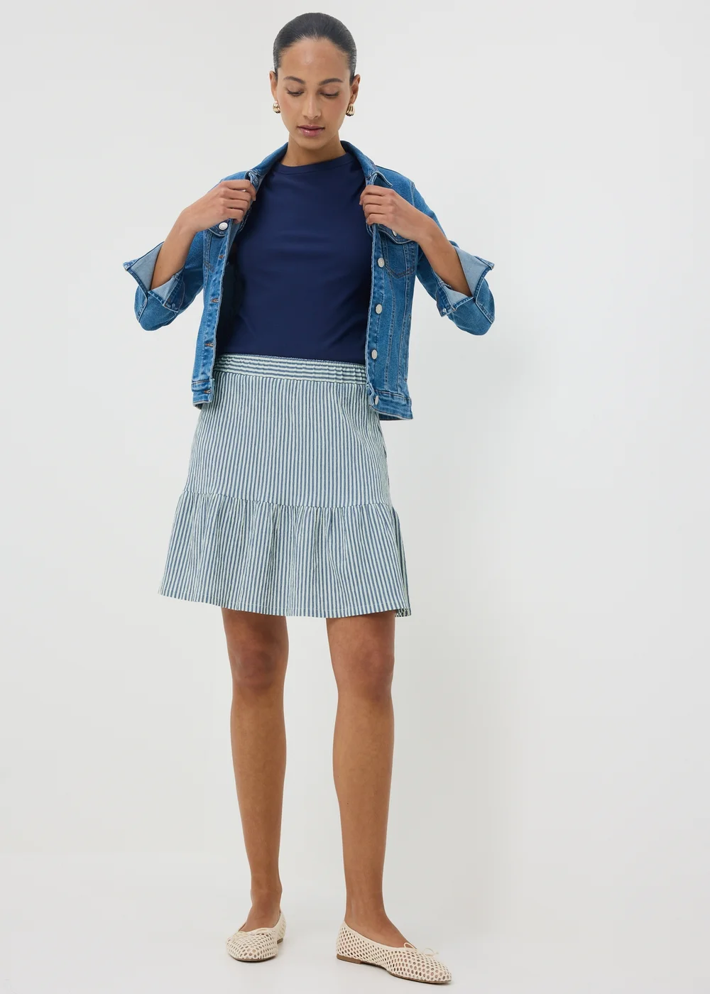 Blue Stripe Woven Textured Mini Skirt - 8 Image 1