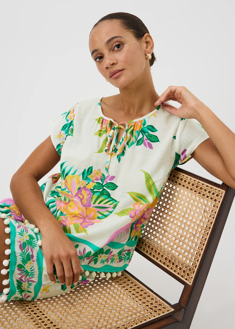 Cream Floral Border Print Co Ord Beach Blouse - XS Image 1