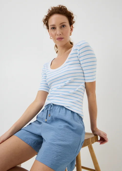 Blue Stripe Ribbed Scoop Neck T-Shirt - 8 Image 1