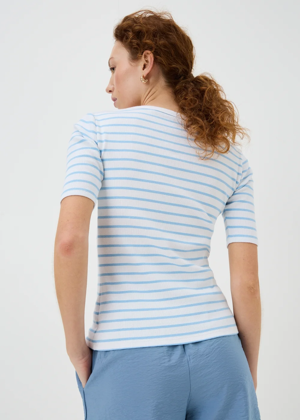 Blue Stripe Ribbed Scoop Neck T-Shirt - 8 Image 2