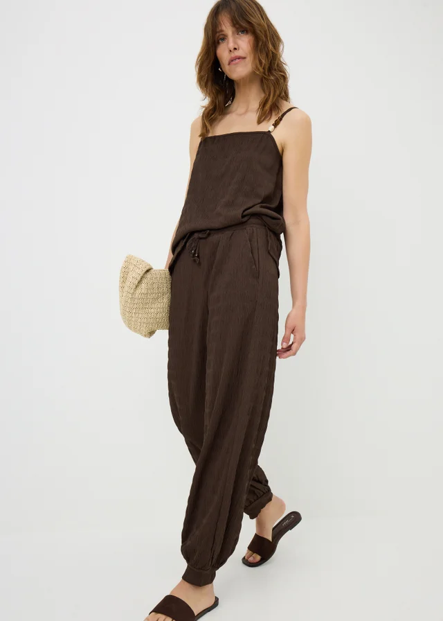 Chocolate Brown Textured Balloon Harem Trousers