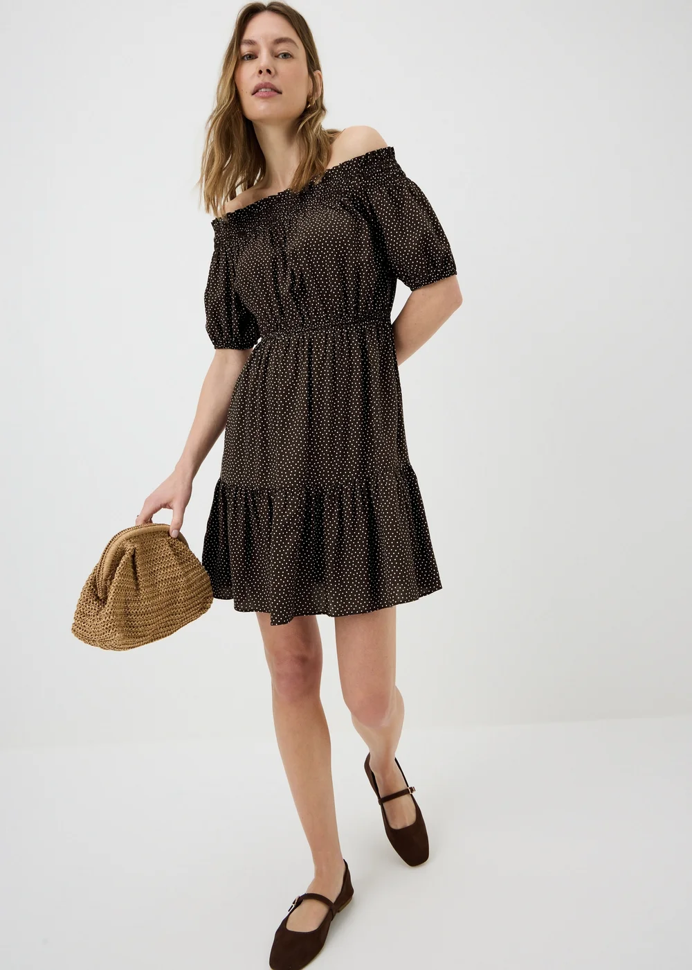 Chocolate Brown Spot Print Bardot Mini Dress - 20 Image 1