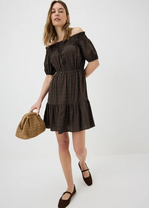 Chocolate Brown Spot Print Bardot Mini Dress - 20 Image 1