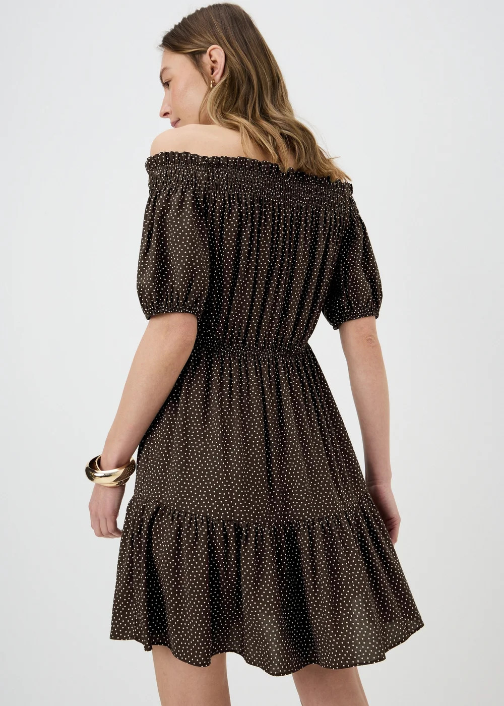 bardot brown polka dot dress LTS Women's Tall Chocolate Brown Bandeau Polka Dot Pleated Midi Dress Size 4