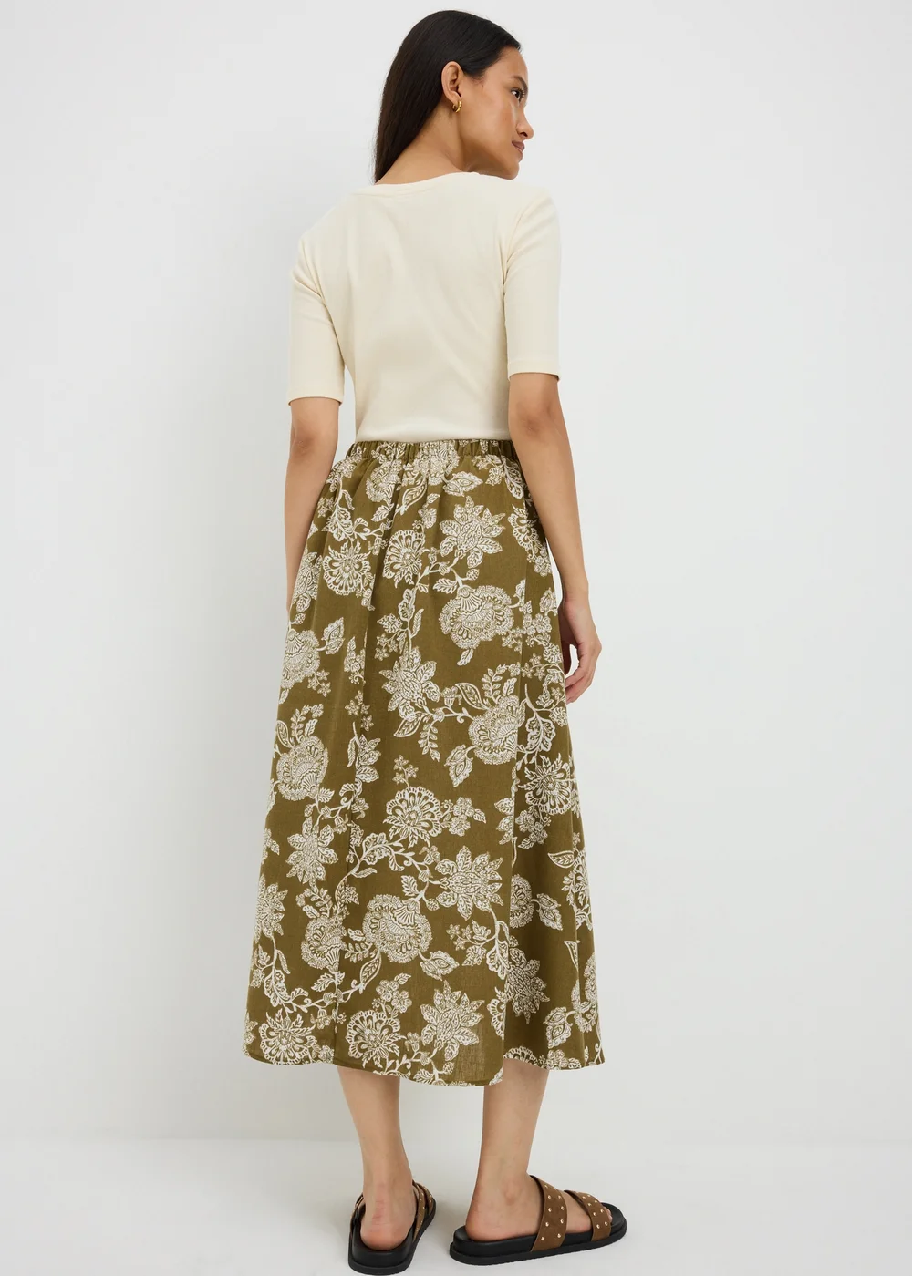 Khaki Floral Flared Hem Midaxi Skirt - 24 Image 2