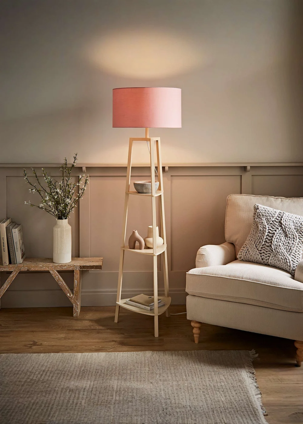 ValueLights Hiru Cream 3 Tier Shelf Floor Lamp with Blush Drum Shade - One Size Image 1