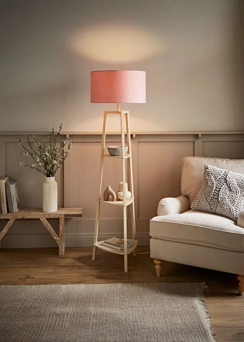 ValueLights Hiru Cream 3 Tier Shelf Floor Lamp with Blush Drum Shade - One Size Image 1