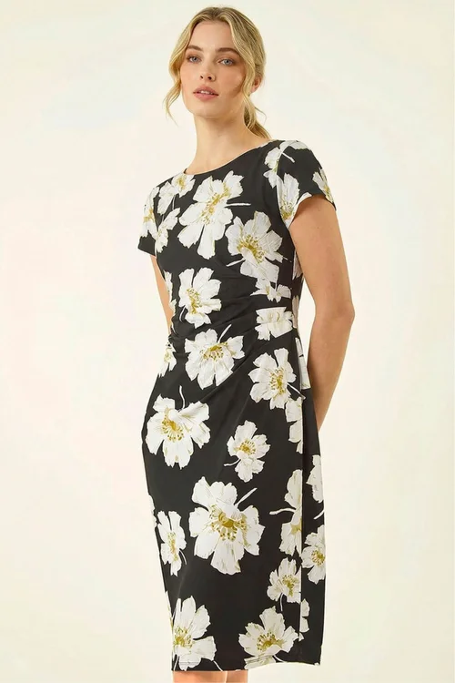 Roman Black Floral Gathered Shift Dress - 16 Image 4