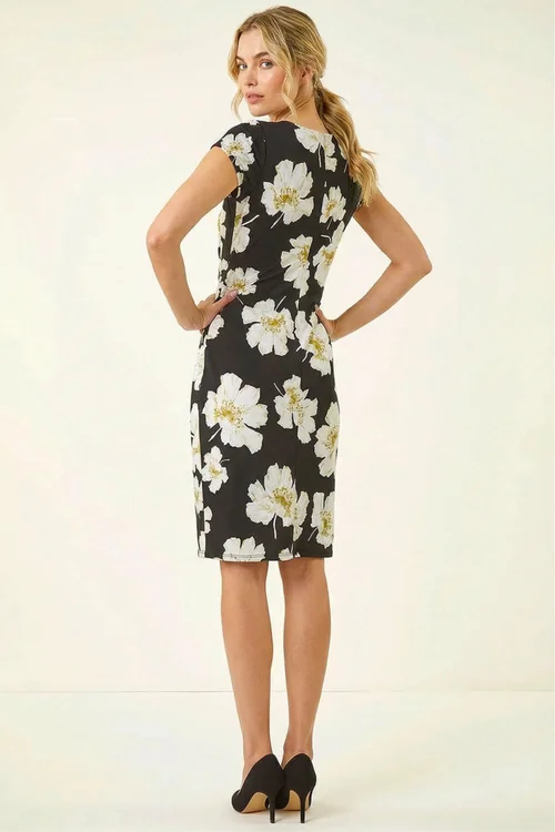 Roman Black Floral Gathered Shift Dress - 16 Image 3