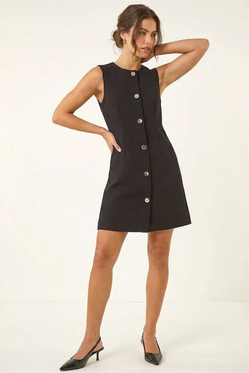 Roman Black Button Down Stretch Mini Dress - 16 Image 2