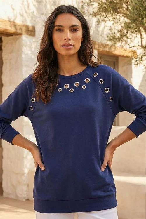 Roman Navy Eyelet Detail Stretch Top - 14 Image 1