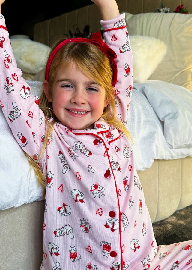 My Christmas Pyjamas Pink Feline Festive Children's Two-Piece Long Matching Pyjama Set (18m-14yrs)
