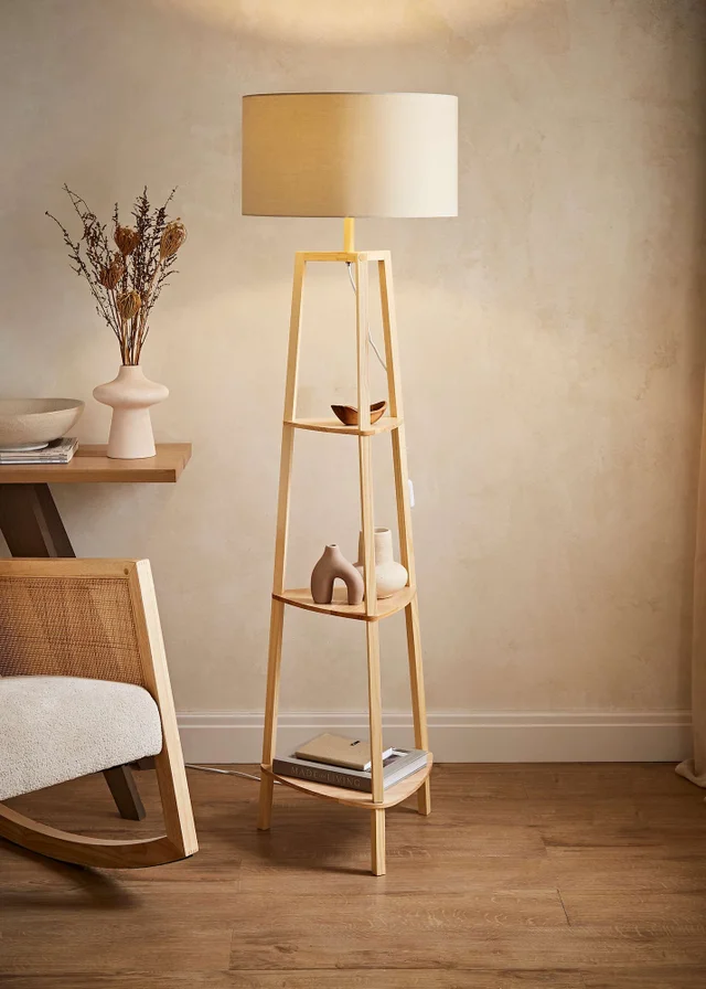 ValueLights Hiru Natural 3 Tier Shelf Floor Lamp with Natural Drum Shade