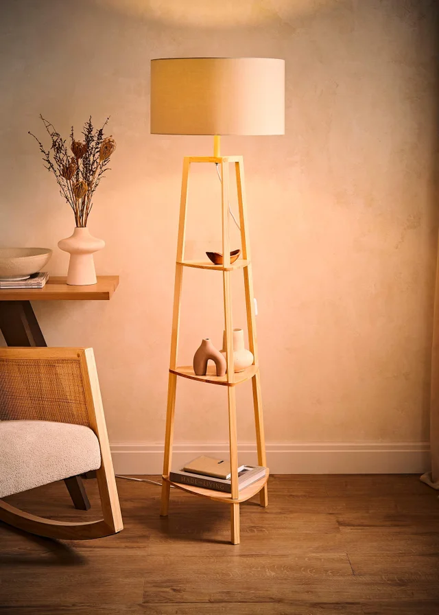 ValueLights Hiru Natural 3 Tier Shelf Floor Lamp with Natural Drum Shade