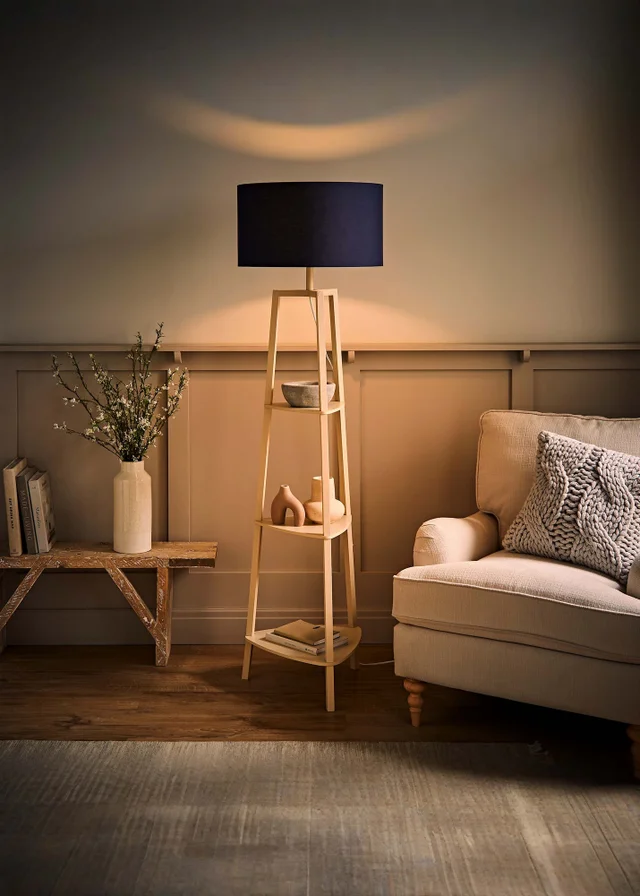 ValueLights Hiru Cream 3 Tier Shelf Floor Lamp with Navy Drum Shade