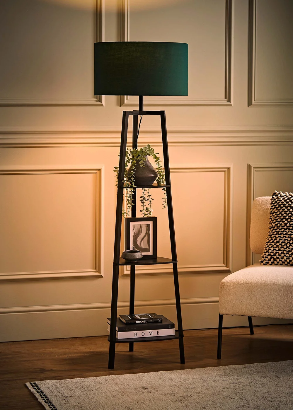ValueLights Hiru Black 3 Tier Shelf Floor Lamp with Green Drum Shade - One Size Image 2