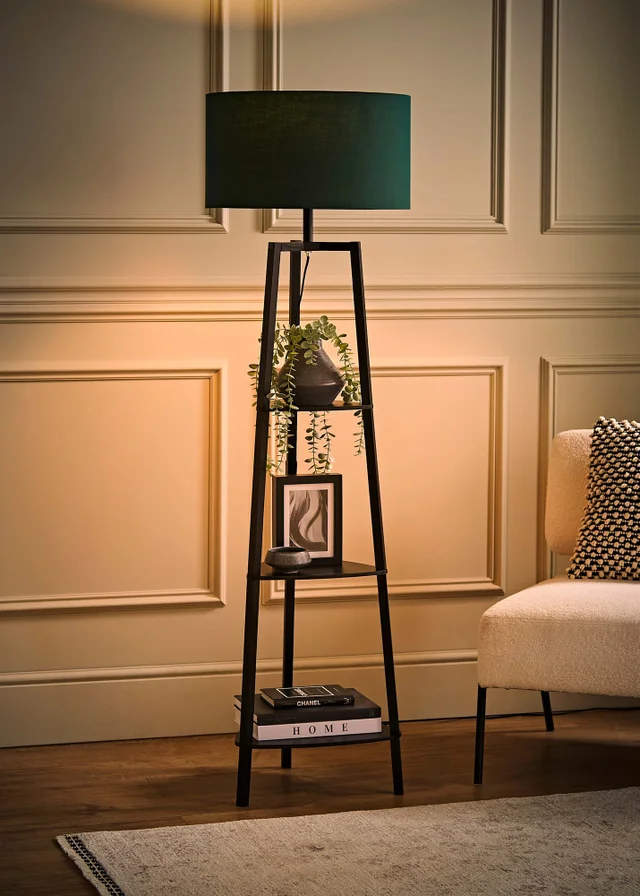 ValueLights Hiru Black 3 Tier Shelf Floor Lamp with Green Drum Shade