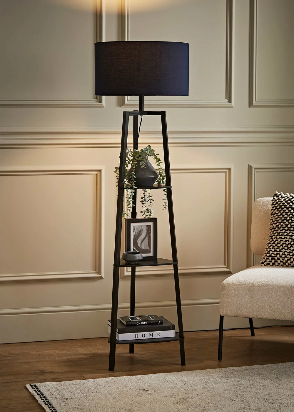 ValueLights Hiru Black 3 Tier Shelf Floor Lamp with Navy Drum Shade - One Size Image 1