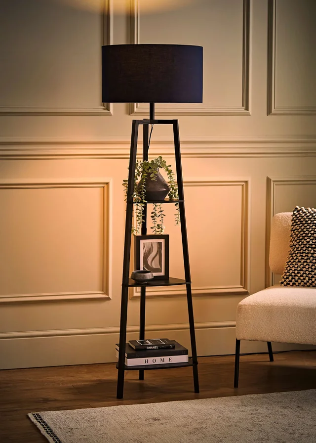 ValueLights Hiru Black 3 Tier Shelf Floor Lamp with Navy Drum Shade