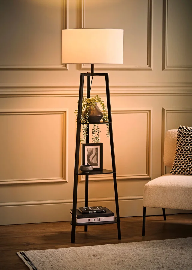 ValueLights Hiru Black 3 Tier Shelf Floor Lamp with White Drum Shade