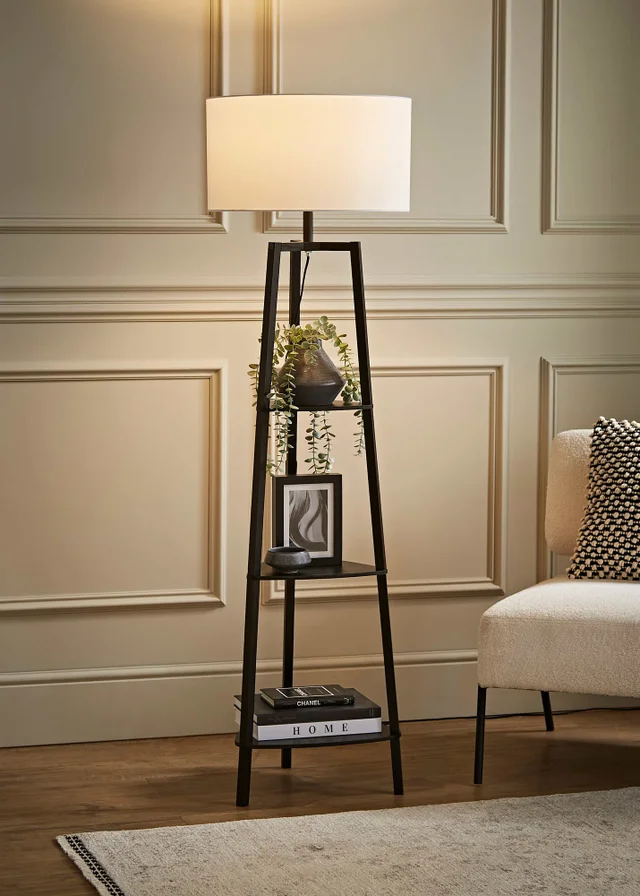 ValueLights Hiru Black 3 Tier Shelf Floor Lamp with White Drum Shade