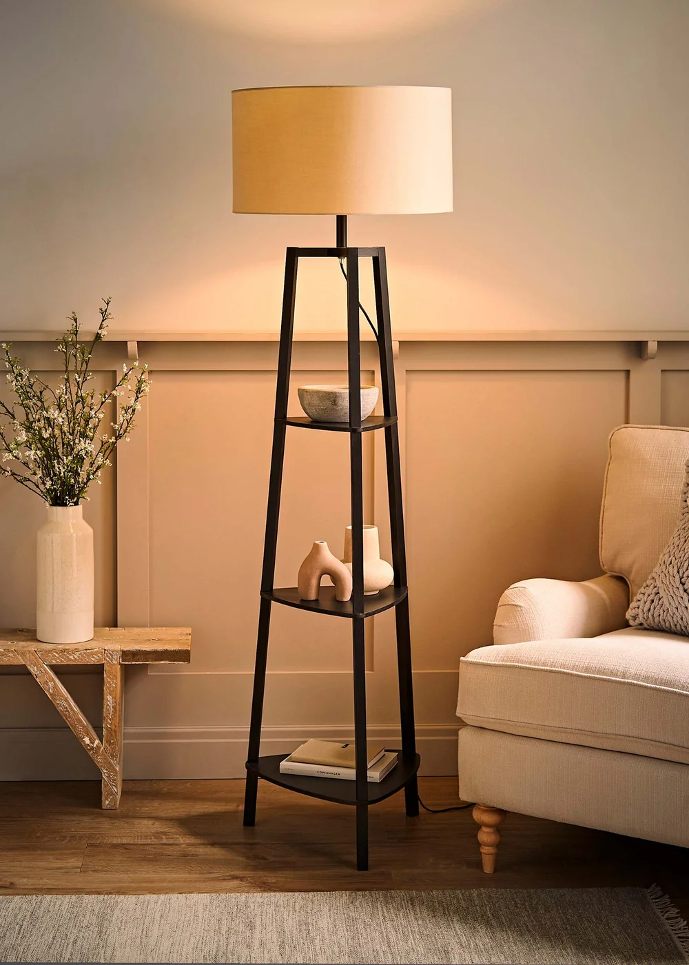 ValueLights Hiru Black 3 Tier Shelf Floor Lamp with Cream Drum Shade - One Size Image 2