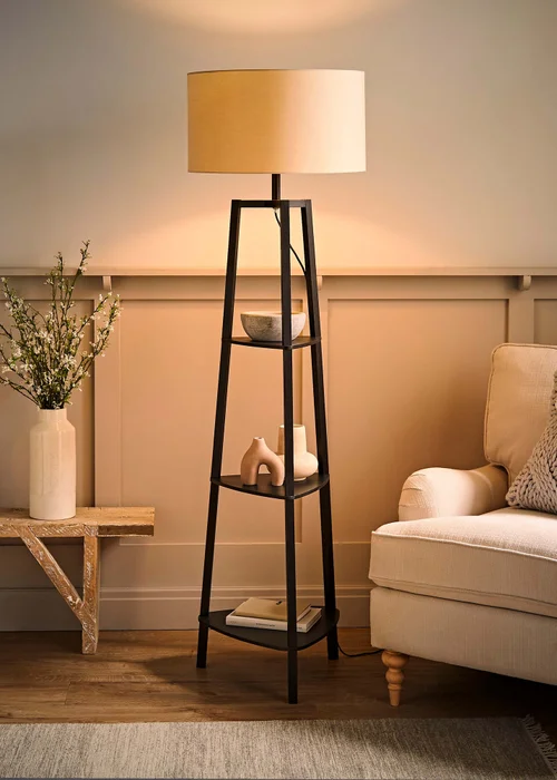 ValueLights Hiru Black 3 Tier Shelf Floor Lamp with Cream Drum Shade - One Size Image 2