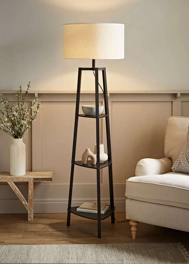 ValueLights Hiru Black 3 Tier Shelf Floor Lamp with White Trim Linen Shade