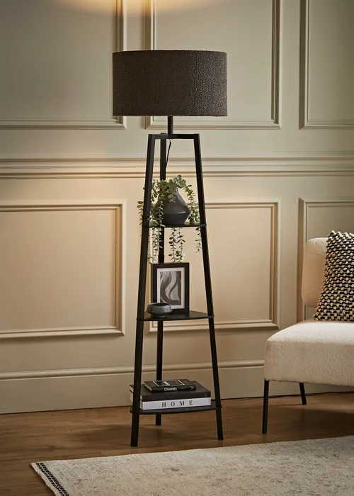 ValueLights Hiru Black 3 Tier Shelf Floor Lamp with Charcoal Boucle Shade - One Size Image 1