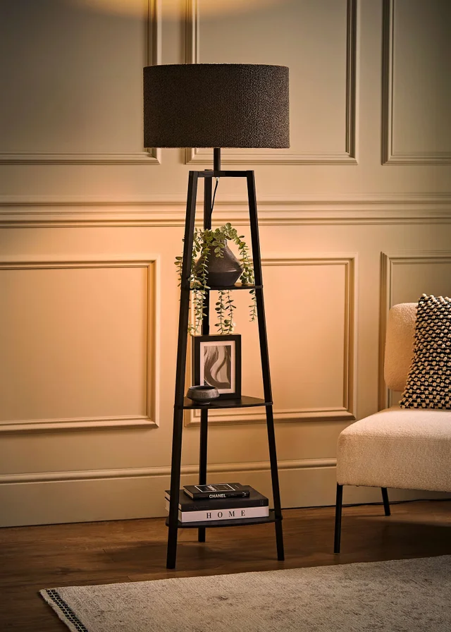 ValueLights Hiru Black 3 Tier Shelf Floor Lamp with Charcoal Boucle Shade