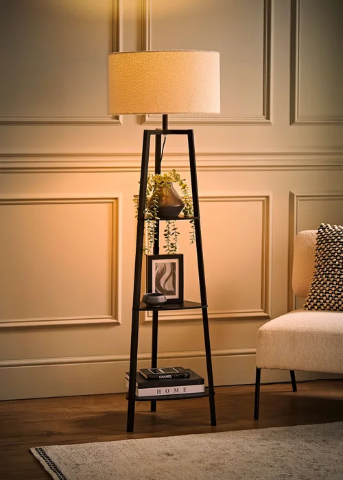 ValueLights Hiru Black 3 Tier Shelf Floor Lamp with Cream Boucle Shade - One Size Image 2
