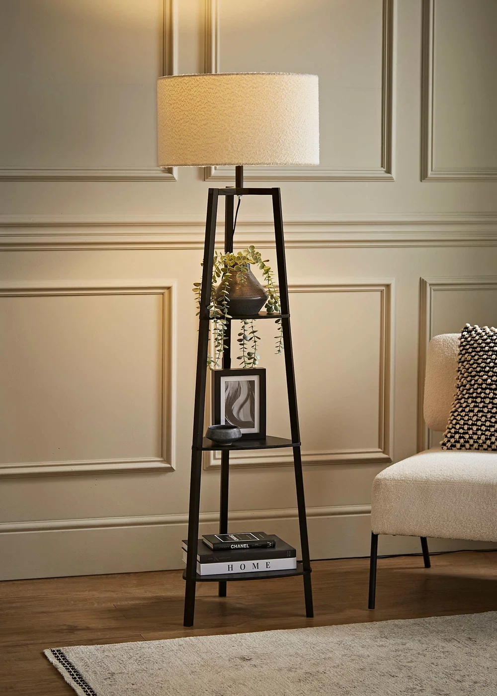 ValueLights Hiru Black 3 Tier Shelf Floor Lamp with Cream Boucle Shade - One Size Image 1