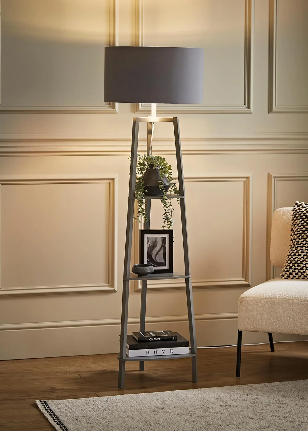 ValueLights Hiru Grey 3 Tier Shelf Floor Lamp with Metallic Silver Inner Shade - One Size Image 1