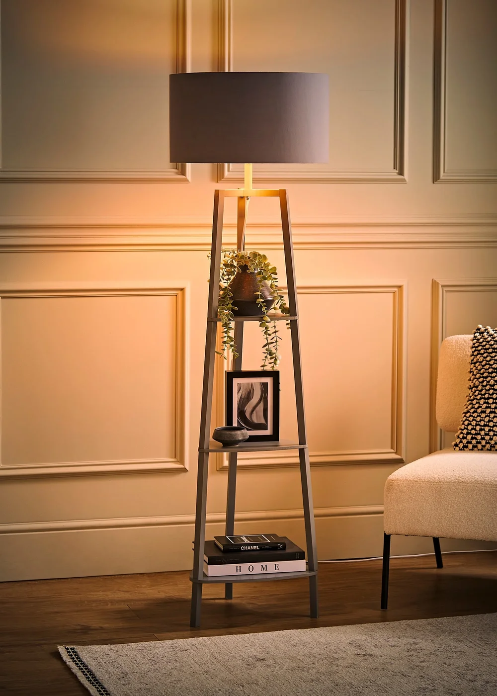 ValueLights Hiru Grey 3 Tier Shelf Floor Lamp with Metallic Copper Inner Shade - One Size Image 2