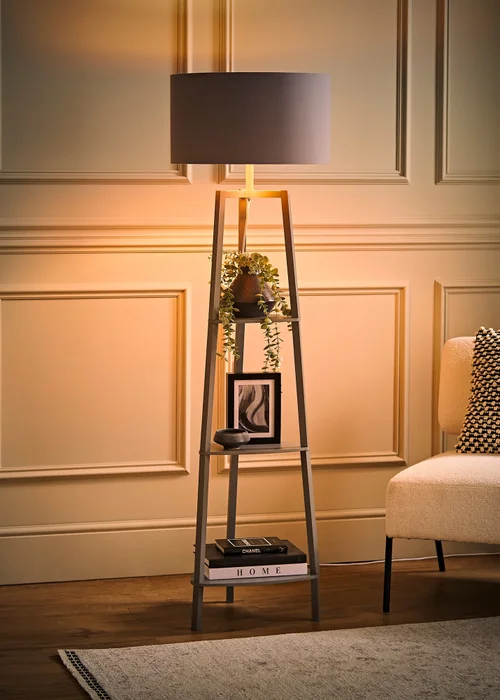 ValueLights Hiru Grey 3 Tier Shelf Floor Lamp with Metallic Copper Inner Shade - One Size Image 2