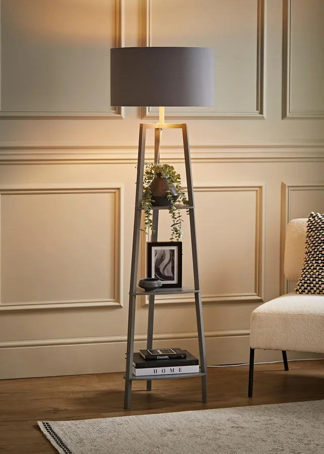 ValueLights Hiru Grey 3 Tier Shelf Floor Lamp with Metallic Copper Inner Shade