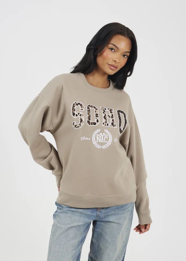 Brave Soul Taupe Slogan Crew Neck Sweatshirt