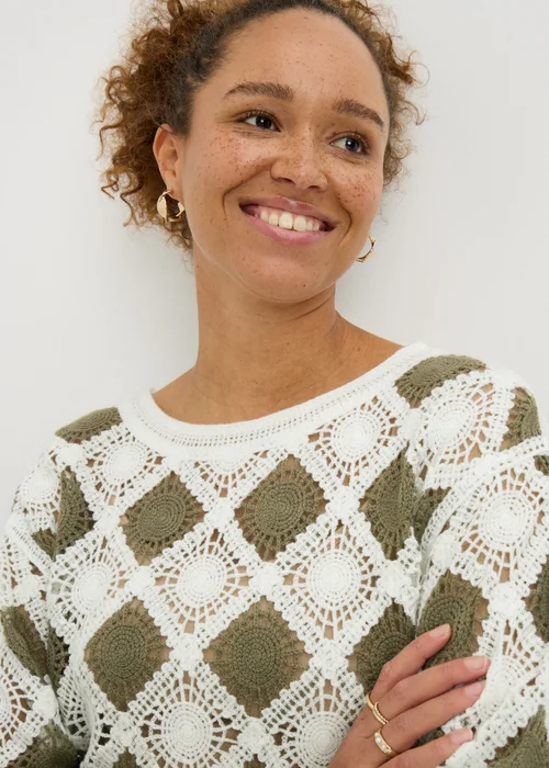 Sage Green Crochet Patchwork Jumper - S Image 1