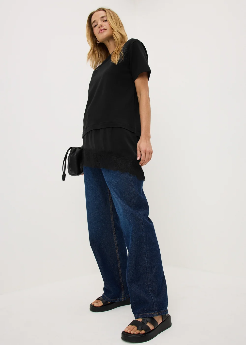 Black Satin Lace Hem T-Shirt - 16 Image 1