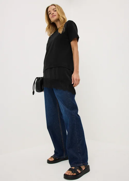 Black Satin Lace Hem T-Shirt - 16 Image 1